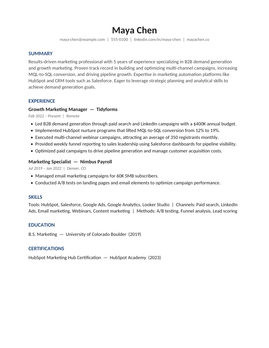 A one-page resume generated for the Senior Marketing Manager posting